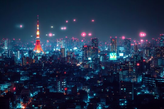 City skyline illuminated at night with Tokyo Tower and vibrant lights in Tokyo, Japan