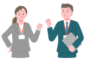 スーツ姿でガッツポーズの若い男性と女性のベクターイラストレーション