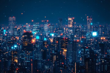 Fototapeta premium Bright skyline of a bustling city at night with illuminated buildings and vibrant lights reflecting the urban energy