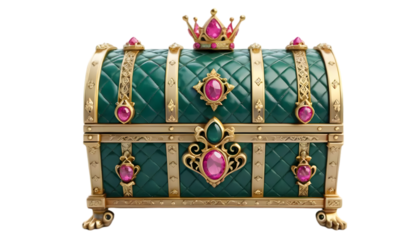 A fantasy-style treasure chest shaped like a royal crown, adorned with gold filigree, a central pink gemstone, and a fleur-de-lis ornament at the top. 