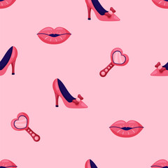 Seamless pattern with high heel shoes and red lips on pink background. March 8 Women's Day. Vector illustration.