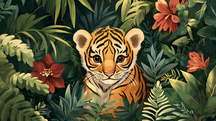 A baby tiger in the jungle, surrounded by lush greenery and exotic flowers
