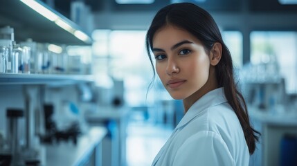 Young female scientist in a modern laboratory setting, examining samples with a focused expression, showcasing innovation and research in science
