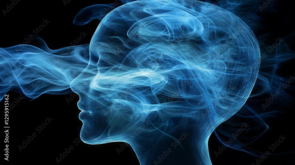 Poster a surreal representation captures a human silhouette enveloped in blue smoke, symbolizing the explor
