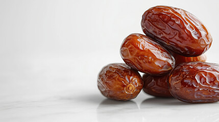 Obraz premium A close-up view features several fresh dates arranged neatly, highlighting their glossy textures and rich brown tones, perfect for snacking or culinary use