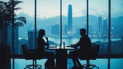 Business Meeting Silhouette in Urban Skyline Office