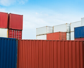 Container cargo industrial plastic pallet yard shipping export logistic crane forklift port blue sky background space road import business freight logistic transport industry service airplane ship.
