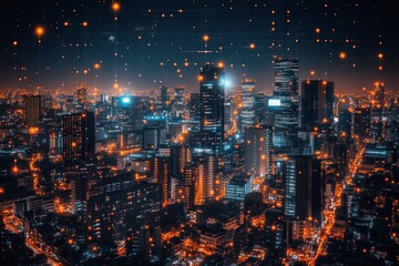 Fototapeta premium City skyline illuminated at night with vibrant lights and digital overlay creating a modern atmosphere in an urban environment