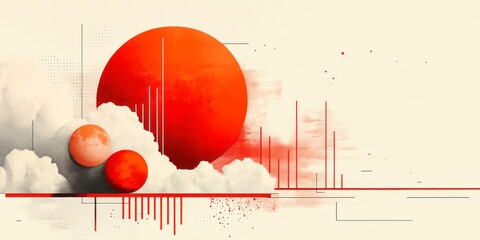 Abstract minimalist artwork features spheres clouds lines and textured background