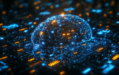 Futuristic AI Brain with Glowing Circuits and Data Visualization