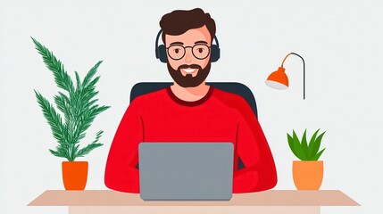 Bearded Man Working on Laptop at Home Office with Plants