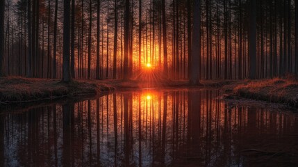 A picturesque sunset in a tranquil forest setting, with clear reflections on the water's surface.