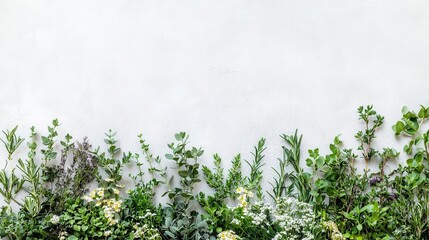Aromatic Herbs and Flowers Border on White Background