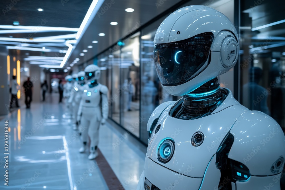 Aufkleber robotic procession in a modern building showcases advanced technology and futuristic design