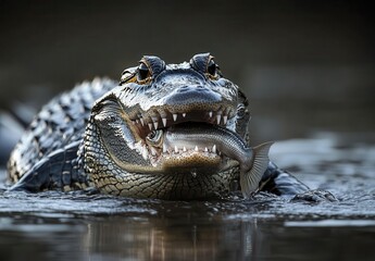 Fototapeta premium Close-Up of Alligator with Open Mouth Grabbing Fish in Still Water During Sunset in Wetland Environment
