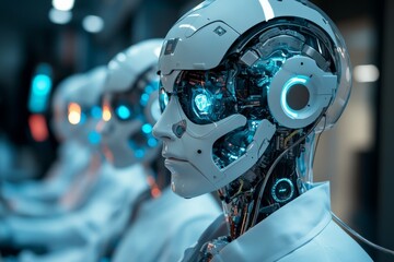 Fototapeta premium Innovative robotic heads display advanced technology in sleek design at research facility during conference presentation