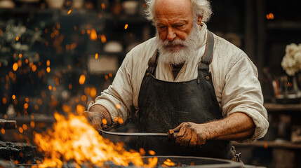 Old blacksmith working hot metal in forge