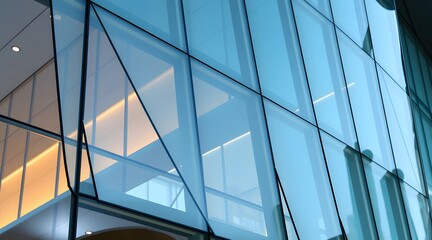 Obraz premium Sleek glass facade showcasing modern architectural design with geometric lines and reflective surfaces in a contemporary urban setting. 