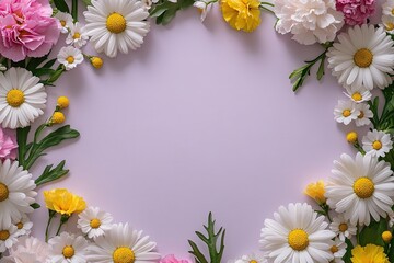Obraz premium Floral Frame with Carnations and Daisies on Purple Background, Pink and red carnations, white daisies, and greenery arranged in a decorative floral border on a pastel purple background. 