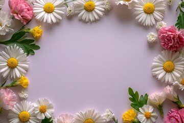 Fototapeta premium Floral Frame with Carnations and Daisies on Purple Background, Pink and red carnations, white daisies, and greenery arranged in a decorative floral border on a pastel purple background. 