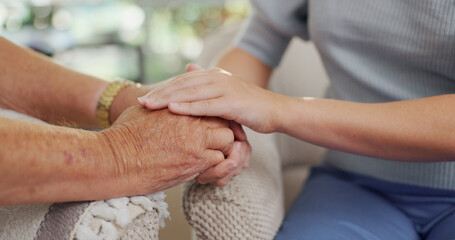 Holding hands, senior woman and child with kindness, comfort and sympathy with compassion....