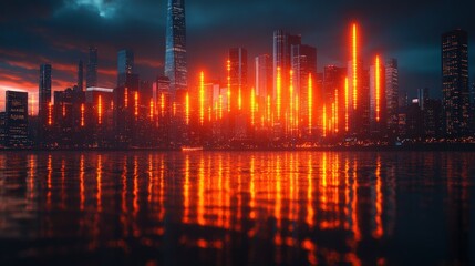 Fototapeta premium Vibrant City Skyline Reflecting Colorful Light Bars Over Water at Dusk, Showcasing Urban Development and Modernity in Contemporary Architecture and Scenic Beauty