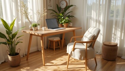 Obraz premium Cozy Minimalist Workspace with Wooden Desk and Natural Light