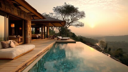 Fototapeta premium Luxury Villa with Infinity Pool at Sunset View