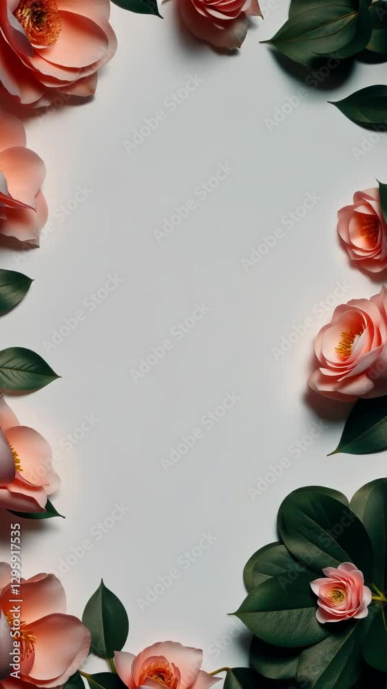 Poster a white background with pink flowers on it. the flowers are in the center and surround the backgroun