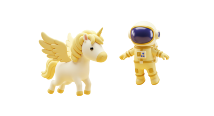 Isolated Cartoon Unicorn with Wings and Astronaut Figure