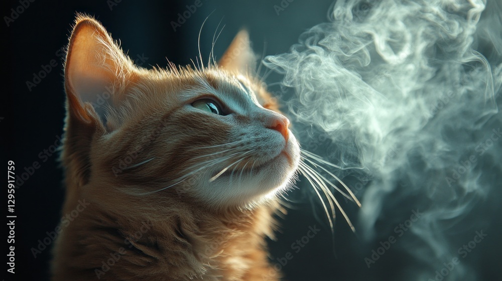 Poster a striking ginger cat observes the gentle curls of vapor drifting through the air, its keen gaze and