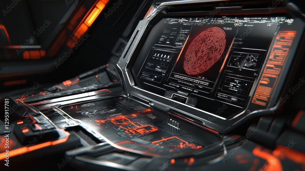 Poster futuristic control interface with orange glow and intricate displays in sci-fi setting