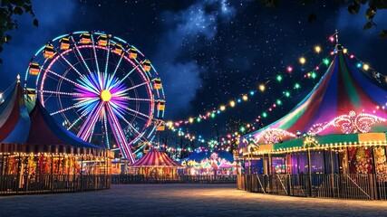 Colorful carnival at night featuring a ferris wheel and vibrant lights in a festive atmosphere, Colorful carnival at night with ferris wheel and vibrant tents under starry sky Festival concept