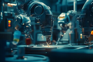 Fototapeta premium Advanced robotics in a modern manufacturing facility performing intricate tasks with precision and efficiency