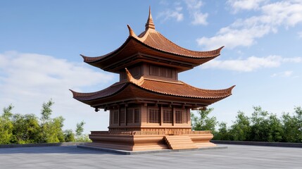 Obraz premium Detailed Two Story Wooden Pagoda under a Bright Sky