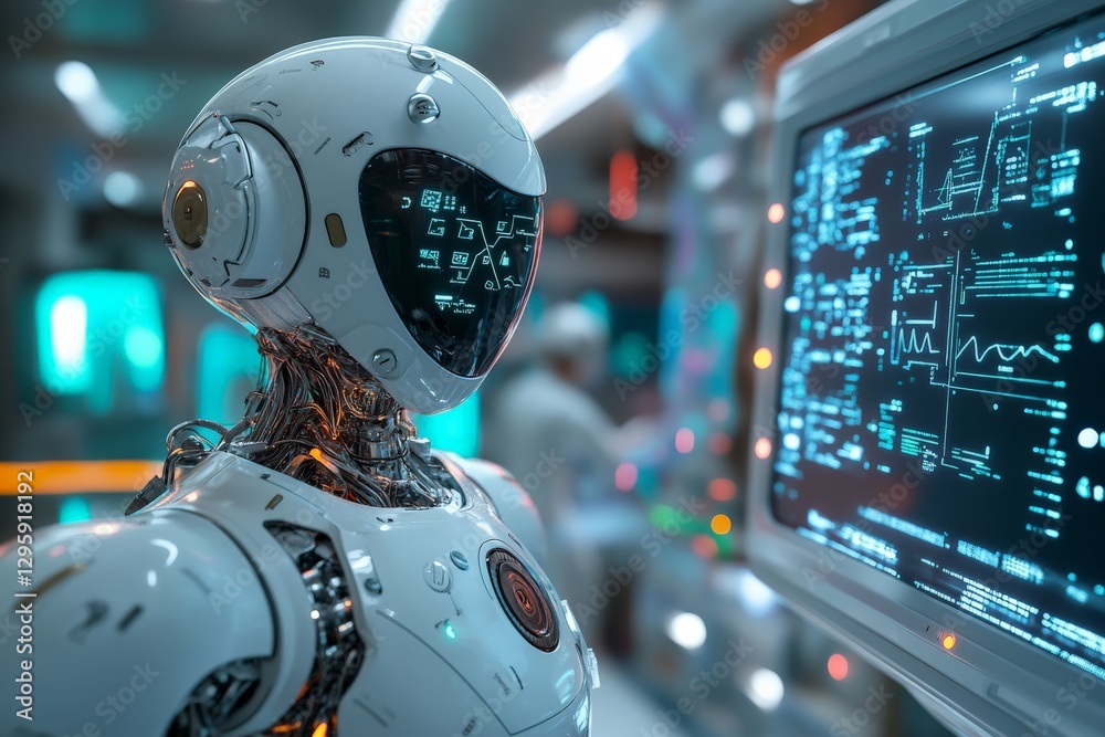 Aufkleber Advanced robot interacting with digital display in a futuristic laboratory setting