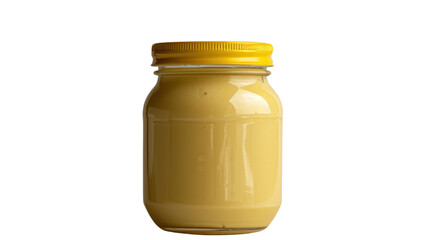 Glass jar filled with mustard on transparent background
