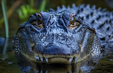 Fototapeta premium Close-Up of Alligator's Face with Intense Eyes and Detailed Scales in Natural Habitat, Showcasing Wildlife Photography in Vibrant Colors and Textures