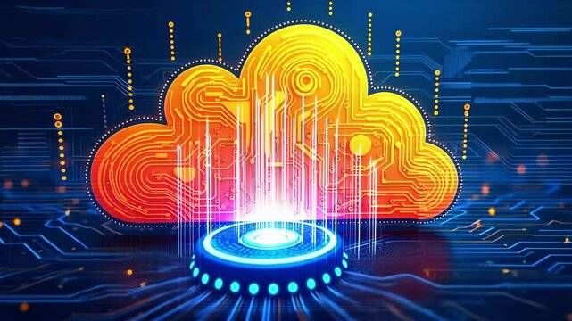 Abstract digital cloud computing visualization with vibrant colors and data streams emanating from a base