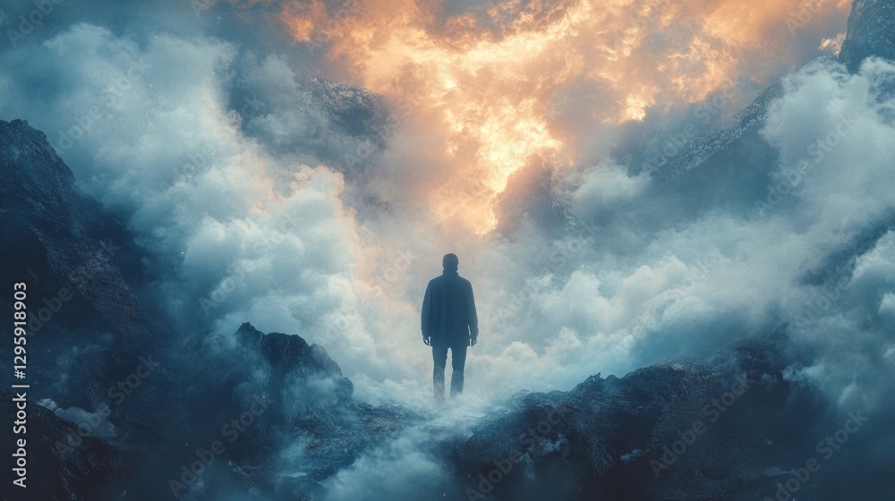 Poster In a captivating twilight scene, a lone figure finds themselves enveloped by swirling fog and luminous flames. The intense colors create an otherworldly atmosphere, sparking curiosity