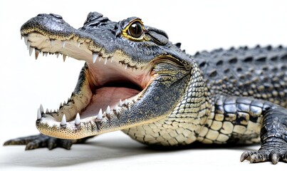 Naklejka premium Close-Up of an Aggressive Alligator with Open Mouth Showcasing Sharp Teeth and Detailed Scales on a Light Background