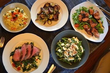 Three nutritious high-protein dinners served in a casual setting.