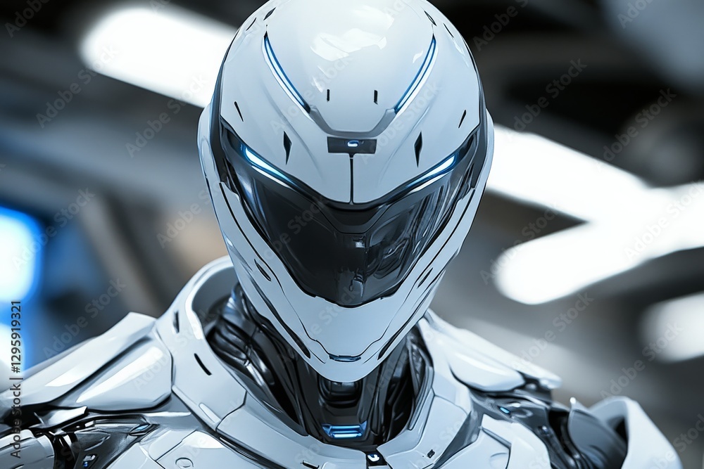 Poster Advanced humanoid robot with sleek metallic design and glowing blue accents in a futuristic environment