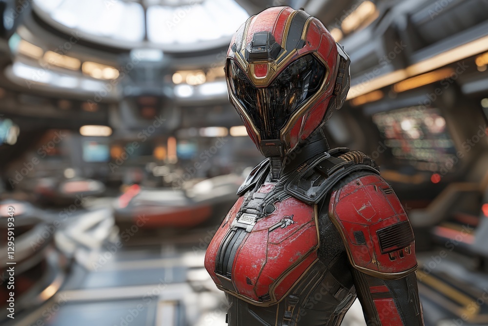 Aufkleber futuristic armored character poses in a sleek spaceship interior filled with advanced technology