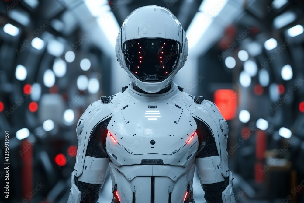 Aufkleber Futuristic robot stands in a high-tech environment with glowing lights and sleek design elements