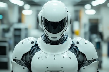 Fototapeta premium Advanced humanoid robot stands ready in a high-tech laboratory displaying cutting-edge technology