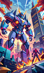 Giant robots fighting in a futuristic city, with buildings falling and explosions all around, intense, fast-paced, dramatic, stylized, futuristic