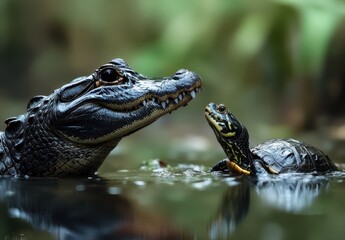 Fototapeta premium Close-up of an alligator and a turtle interacting in a serene wetland environment, showcasing nature's unique relationships and animal behavior