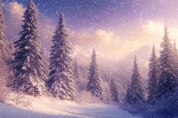 Naklejka premium Winter wonderland, snowy forest, majestic pine trees, heavy snowfall, twinkling stars, ethereal glow