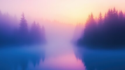 Serene misty lake at sunrise with evergreen forest reflection in fog